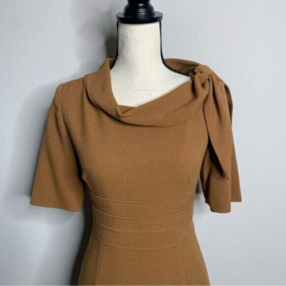 Suite 7 Elegant Camel Cowl Neckline with Shoulder Bow Sheath Dress - Picture 6 of 13